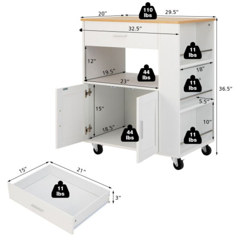 Rolling Kitchen Trolley with 3 Spice Racks Drawer and Open Shelf-White