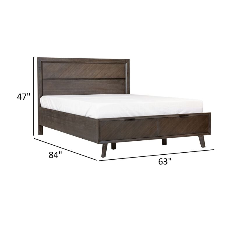 Cid Vein Queen Size Platform Bed, Panel Headboard, 2 Drawers, Brown Acacia - Benzara