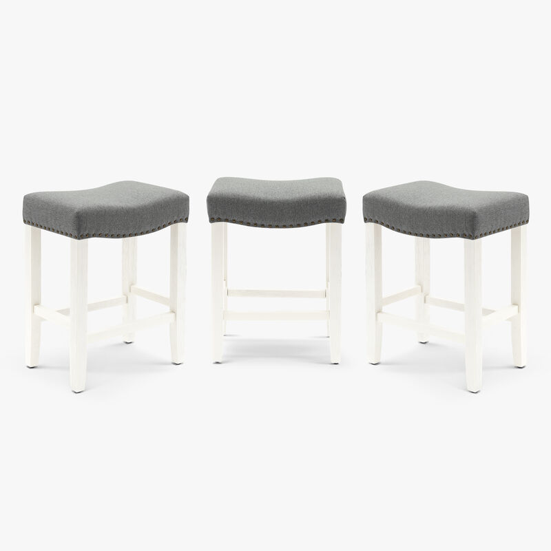 WestinTrends 24" Upholstered Saddle Seat Antique White Counter Stool (Set of 3)