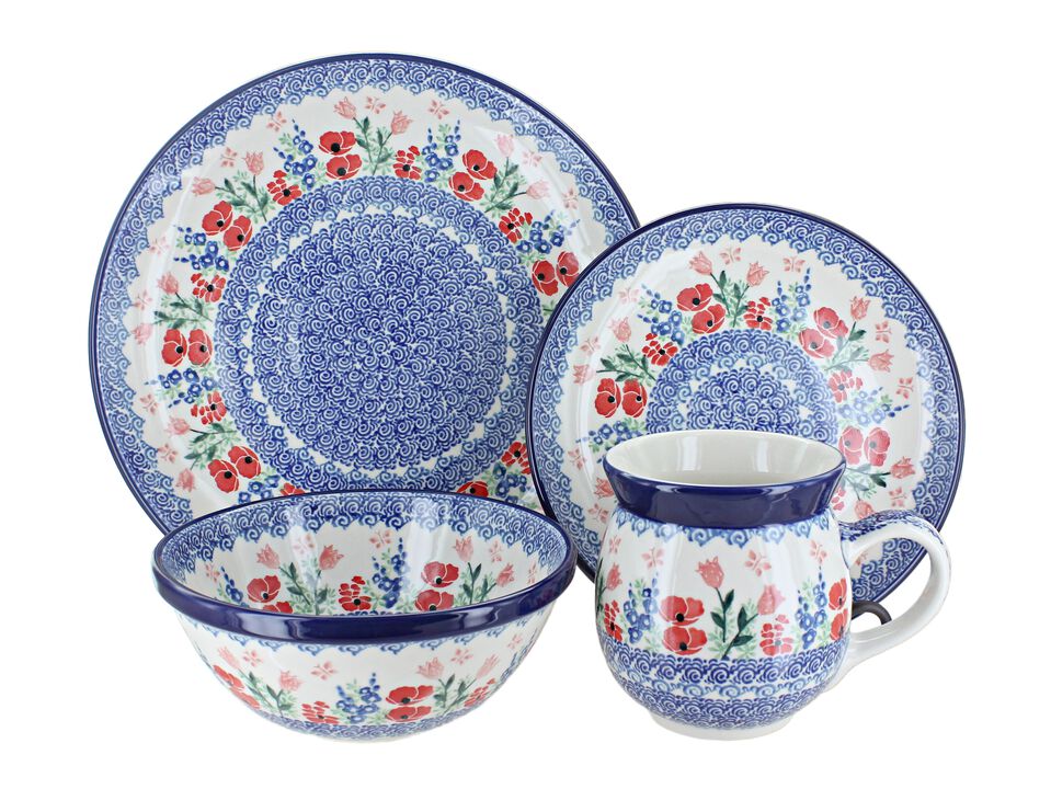Blue Rose Polish Pottery Sapphire Fields 4 Piece Place Setting - Service for 1