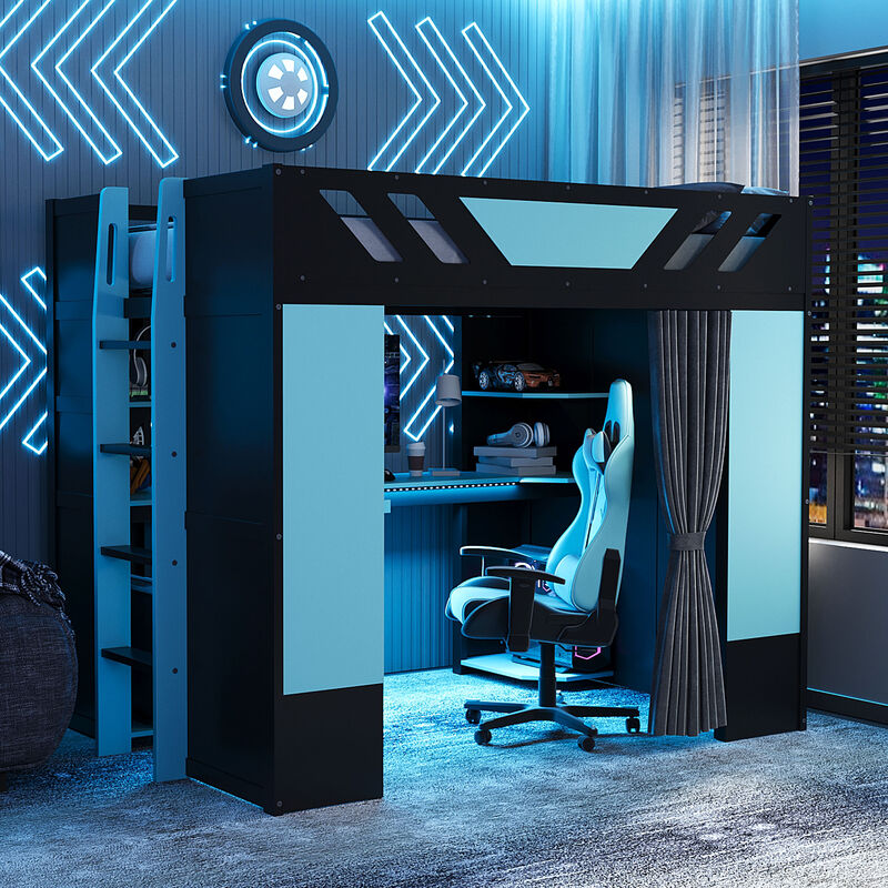 Merax Full Size All-in-One Wood Loft Bed with Workstation & RGB Lights image number 2