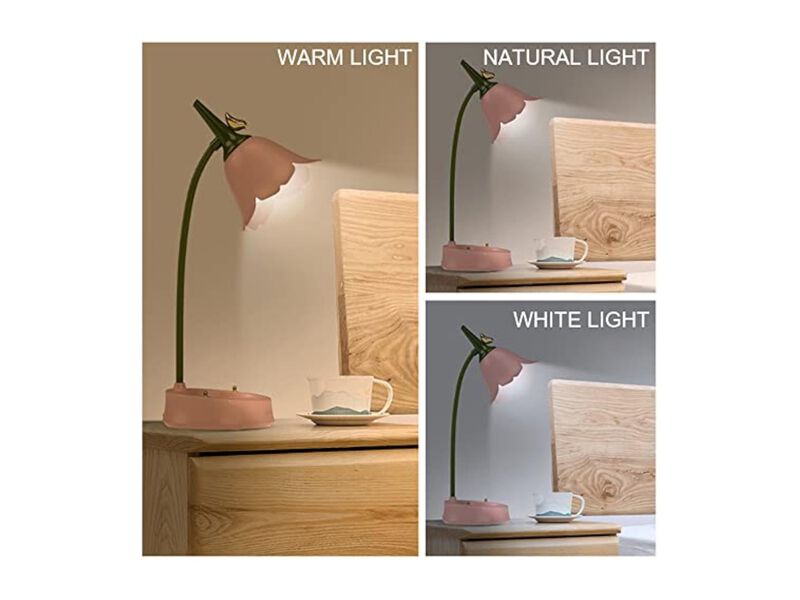 Rechargeable Cordless Dimmable Flower Table Lamp For Bedroom Desk Pink image number 3