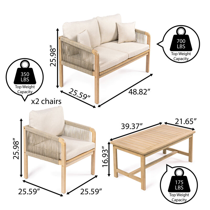 Tavira 4-Piece Modern Bohemian Acacia Wood Outdoor Patio Set with Cushions and Plain Decorative Pillows
