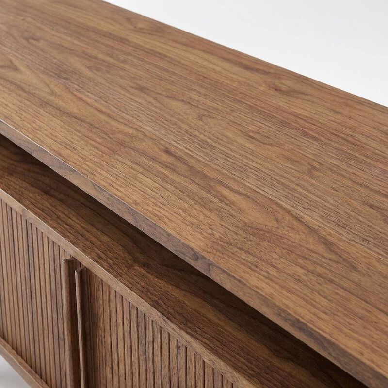 Curved TV Stand in Brown, Rubberwood Solids, Walnut Veneers, Stylish Storage image number 5