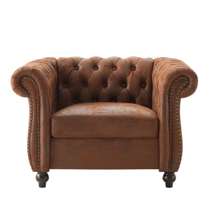 Whisen Classic Club Chair with Diamond Tufting, Scrolled Arms, and Wooden Legs