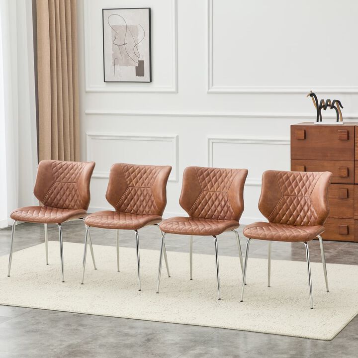 Set of 4 Leather Dining Chairs Square High Back Dining Chairs with Chevron Tufting Retro Dining Chairs with Metal Legs and Back Handle