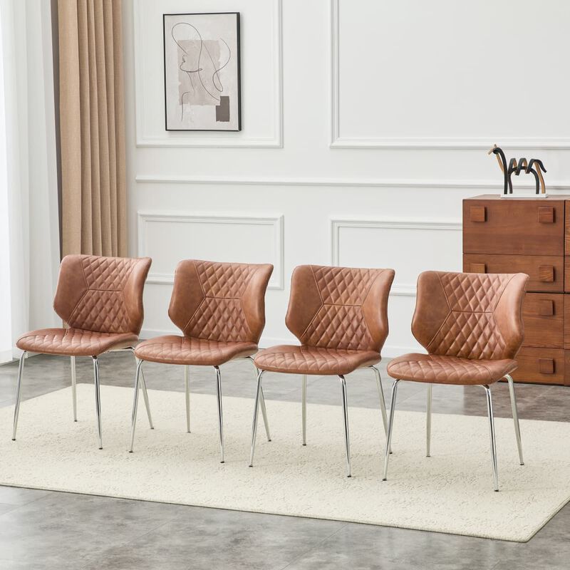 Set of 4 Leather Dining Chairs Square High Back Dining Chairs with Chevron Tufting Retro Dining Chairs with Metal Legs and Back Handle image number 1