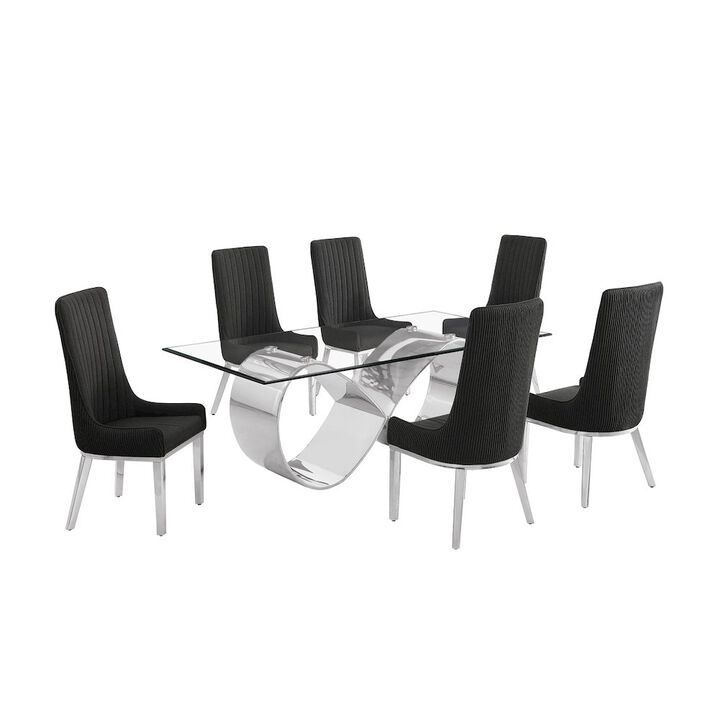 Best Quality Furniture 7Pc Tempered Glass Dining Set With 6 Black Boucle Side Chairs And A Silver Base