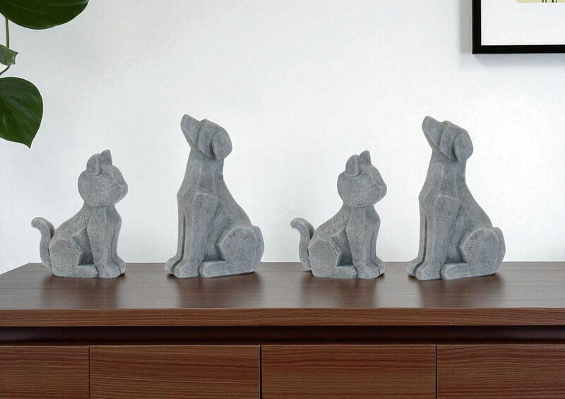 HomeRoots Set of Four Gray Polyresin Cat And Dog Figurines image number 1