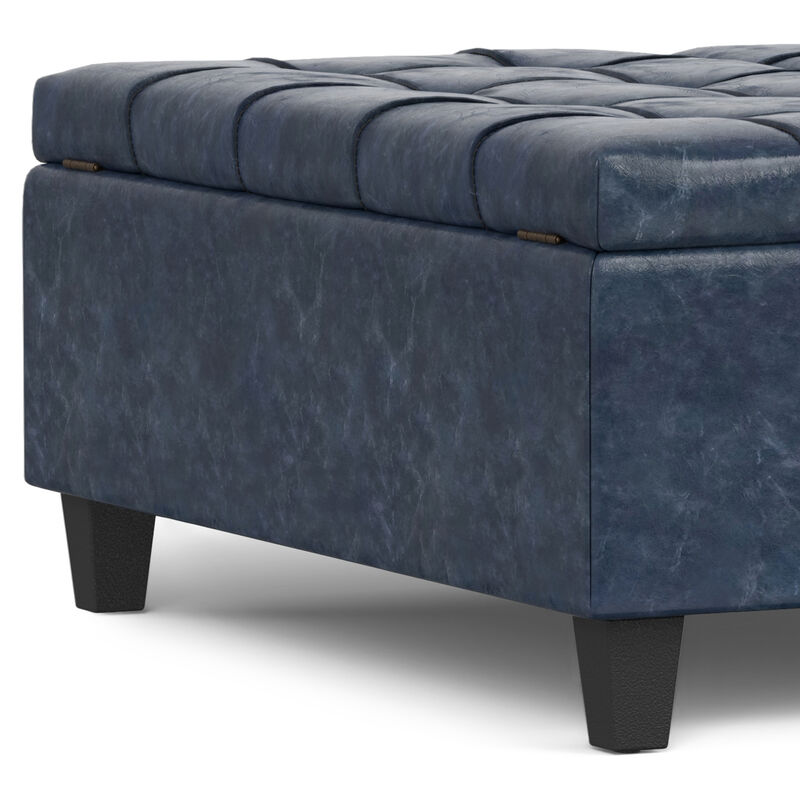 Harrison 40 inch Wide Transitional Square Large Coffee Table Storage Ottoman in Denim Blue Vegan Faux Leather, Assembled