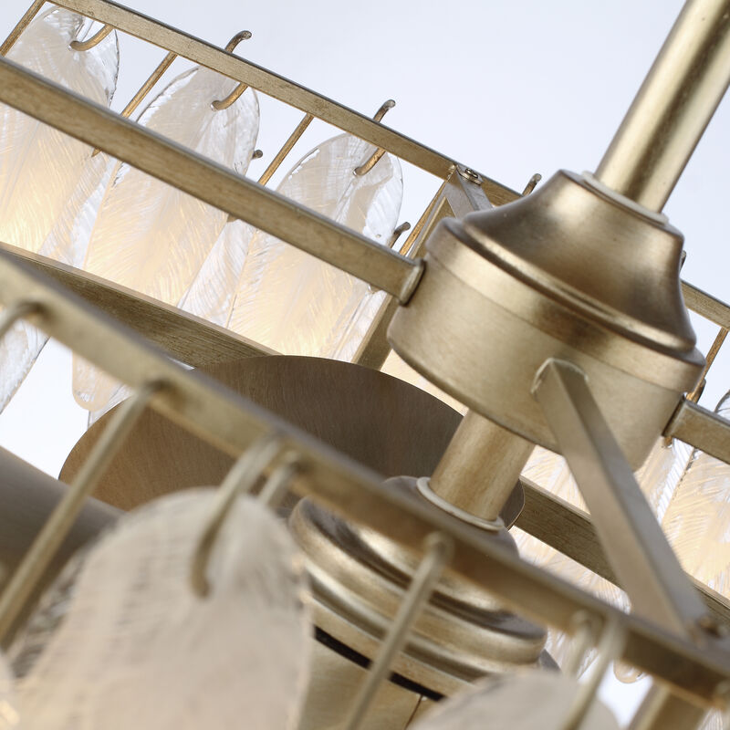 32.3" Modern Antique Silver Leaf-shaped Textured Glass Dimmable Reversible Caged Ceiling Fan with Light and Remote