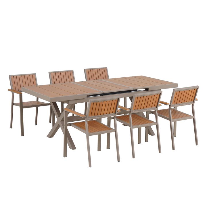 Mondawe Outdoor Patio Garden 7-Piece Extendable Dining Set, With 6 Chairs Flexible Adjustment