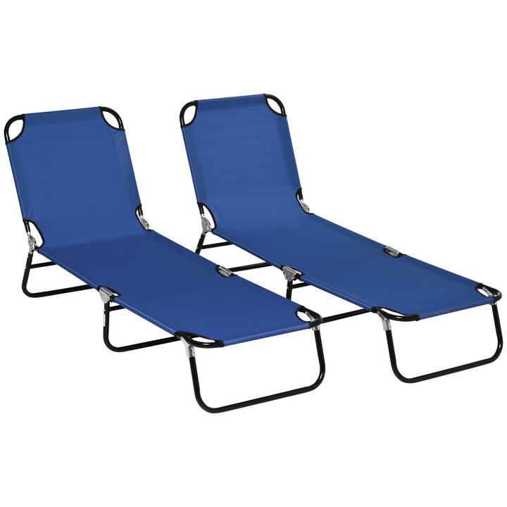 Outsunny 2 Piece Folding Chaise Lounge Pool Chairs, Outdoor Sun Tanning Chairs with Pillow, 5-Level Reclining Back, Steel Frame & Breathable Mesh for Beach, Yard, Patio, Blue