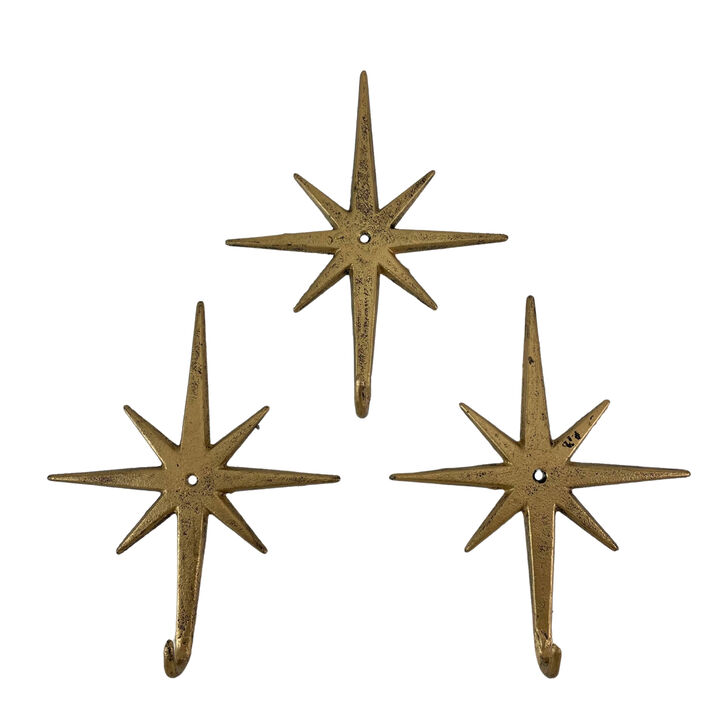 Antique Gold Cast Iron Atomic Starburst Wall Hooks Set of 3 &ndash; Mid-Century Modern Decor for Stylish Organization and Chic Storage