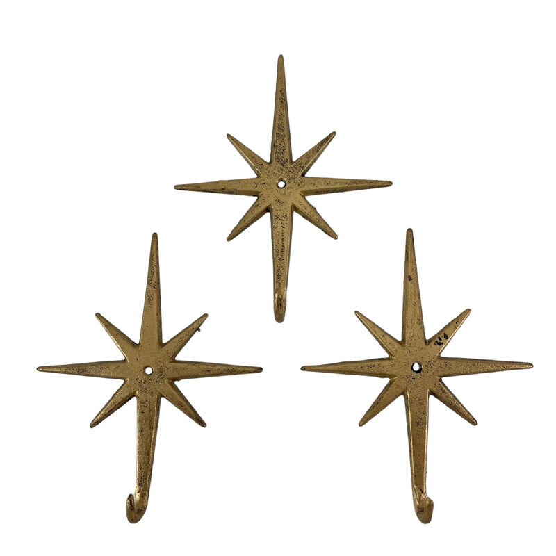 Antique Gold Cast Iron Atomic Starburst Wall Hooks Set of 3 &ndash; Mid-Century Modern Decor for Stylish Organization and Chic Storage image number 1