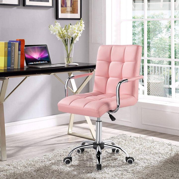 QuikFurn Pink Modern Faux Leather Mid-Back Swivel Office Chair with Armrests and Wheels