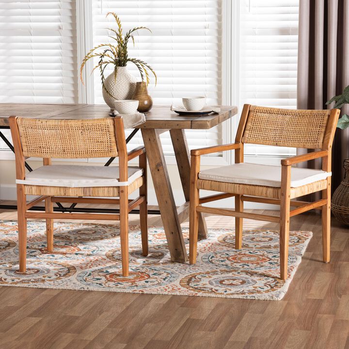 bali & pari Chatura Natural Rattan and Mahogany Wood 2-Piece Dining Armchair Set &ndash; Handwoven Wicker Dining Chair with Angled Back, Coastal Boho Seating for Dining or Kitchen
