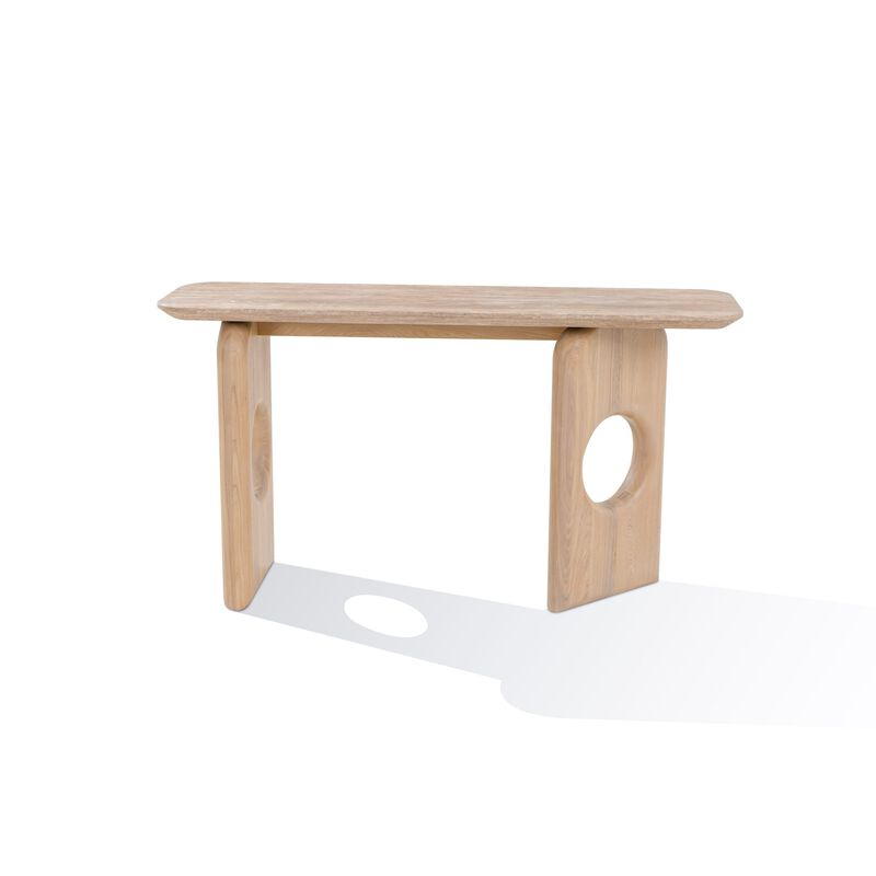 Aky 55 Inch Console Table, Faux Marble Top, Open Panel Frame, Natural Brown image number 2