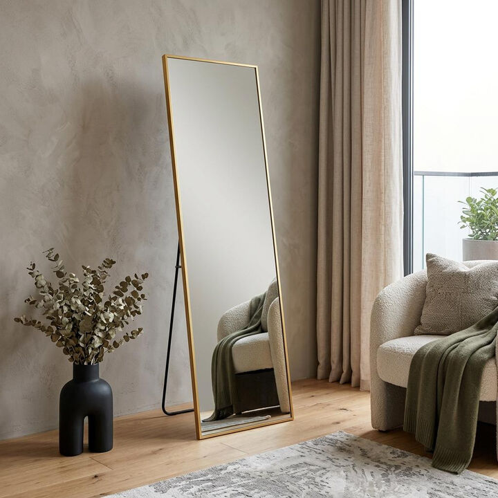 HomeRoots 67" Gold Aluminum Freestanding And Wall Mounted Framed Full Length Mirror