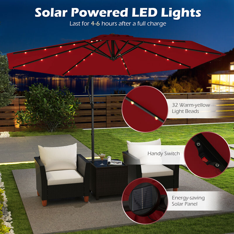 Solar Offset Umbrella with 32 LED Lights &ndash; Hanging Patio Shade with Base