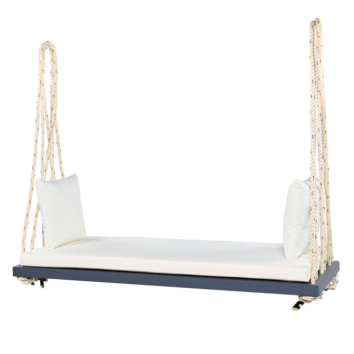 Whisen Hanging Porch Swing Bench with Cushion, Acacia Wood Swing Chair, 10.8Ft Hemp Ropes