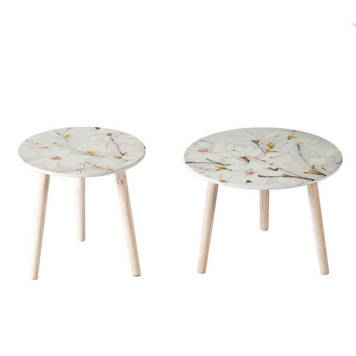 Byle 16, 20 Inch Side Table Set of 2, Floral Design, Cherry Blossom, White - Benzara