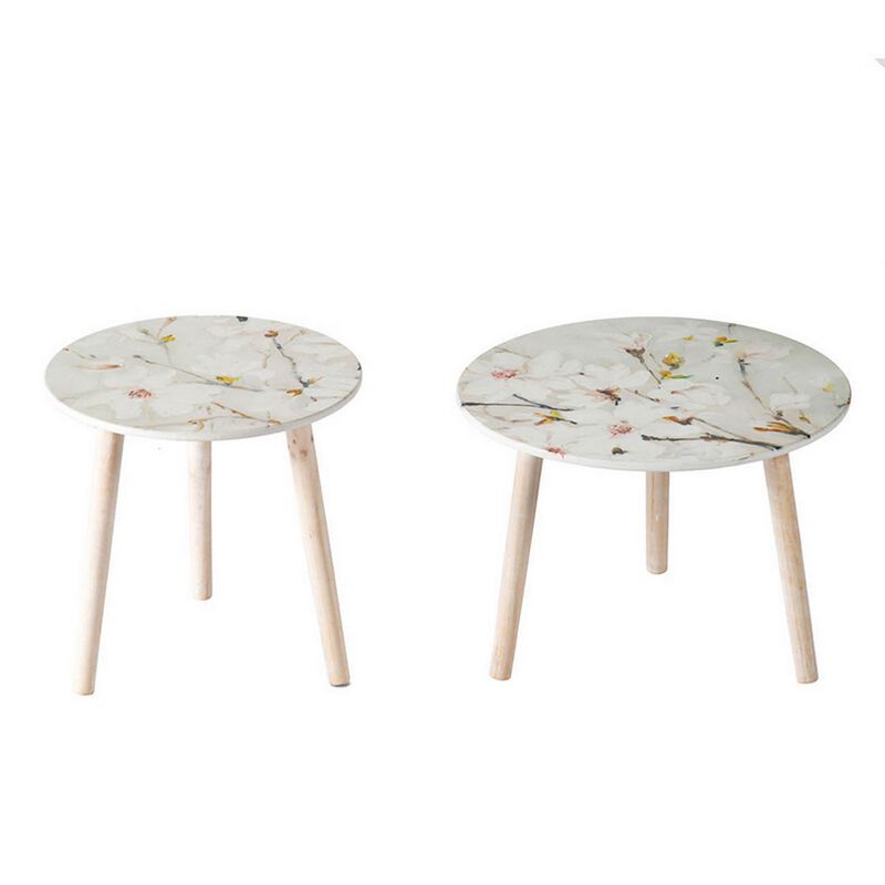 Byle 16, 20 Inch Side Table Set of 2, Floral Design, Cherry Blossom, White