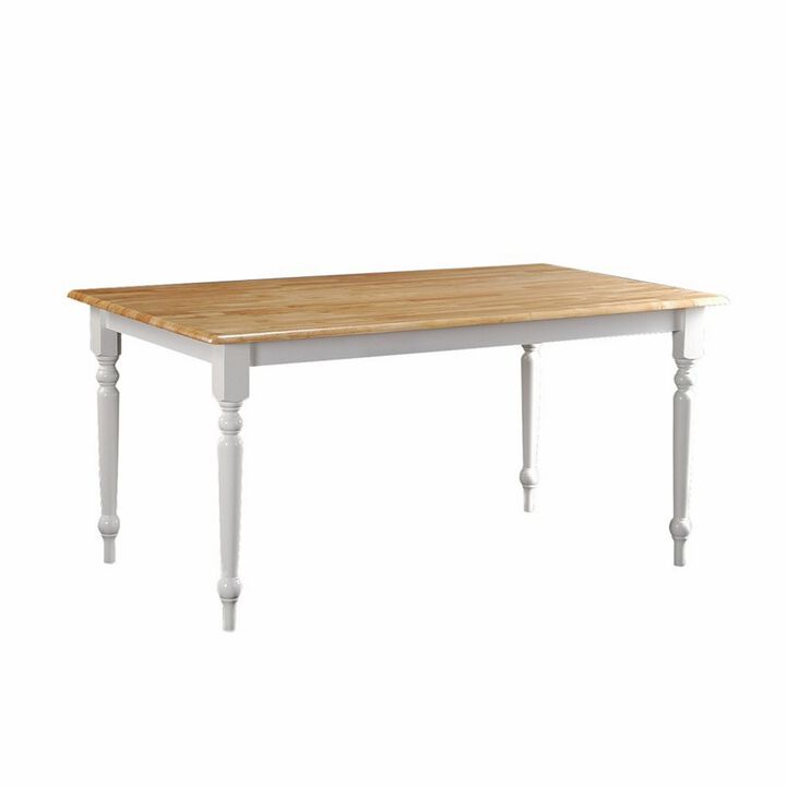 Grained Rectangular Wooden Dining Table with Turned legs, Brown and White-Benzara