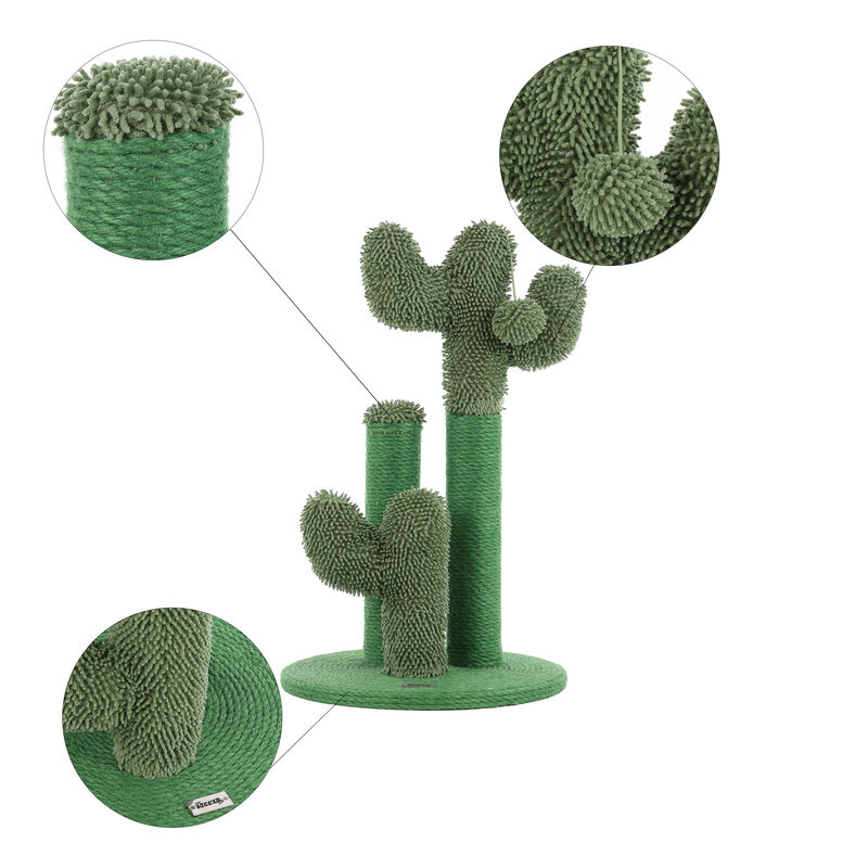 Marfa 21.5" Modern Jute Triple-Cactus Cat Scratching Post with Fuzzy Toy, Green