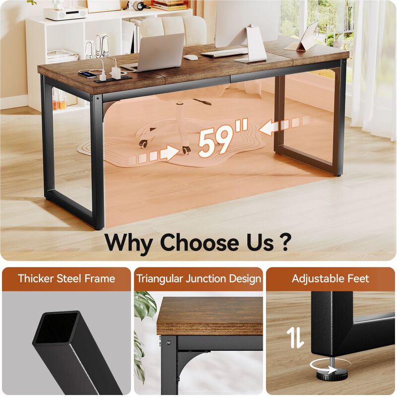 63" Computer Desk with Power Outlets, 1.2" Thick Desktop, Metal Frame, Home Office & Gaming Desk image number 2