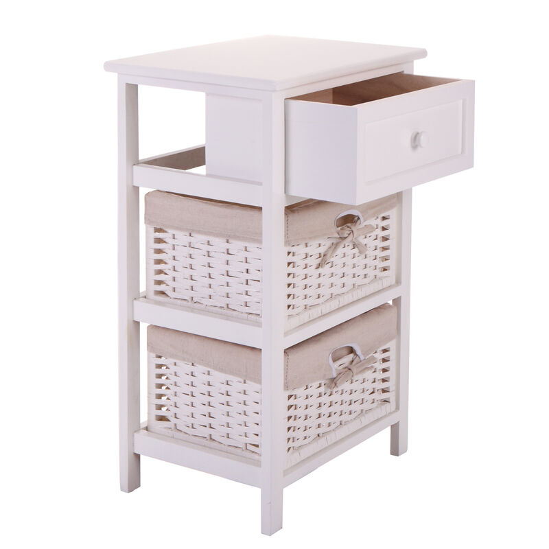 One Drawer Nightstand with Two Removable Baskets, Storage Bedside Table, Modern End Table with Tall Legs, Indoors, White image number 3