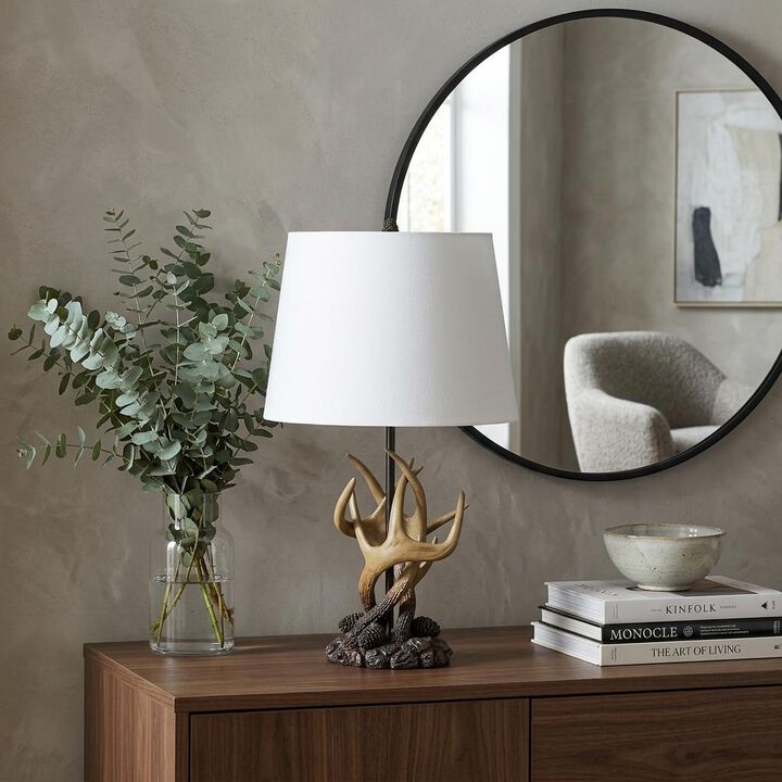 HomeRoots 26" Natural And Brown Antlers Table Lamp With White Shade