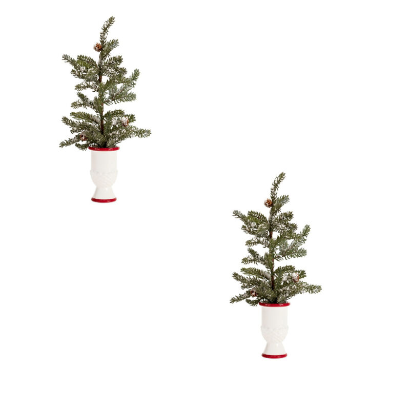 Set of 2 Mini Pine Trees with Ceramic Pots for Holiday Décor and Seasonal Accents