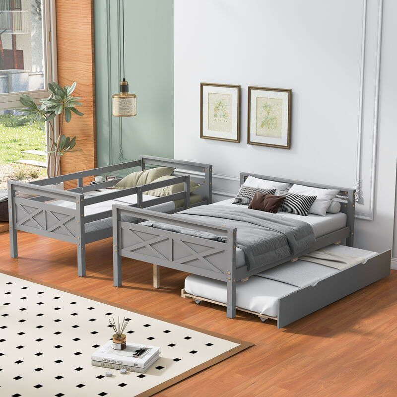 Whisen Twin over Full Bunk Bed with Ladder, Twin Size Trundle, Safety Guardrail - Gray