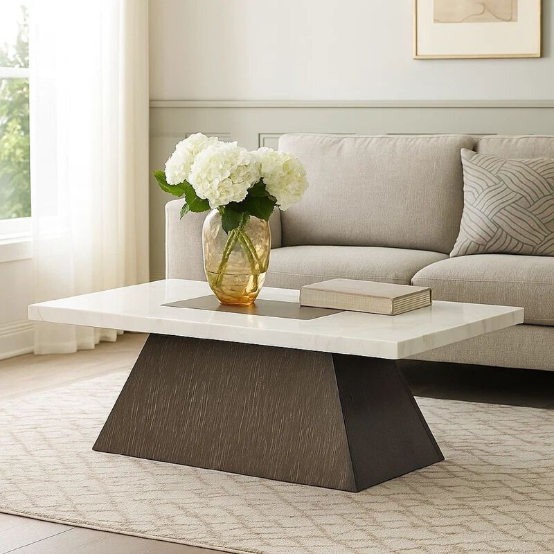Asten Coffee Table, 48 Inch White Marble, Walnut Brown Pedestal Base image number 7