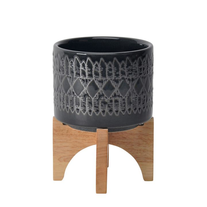 Planter with Wooden Stand and Native Design, Small, Black- Benzara