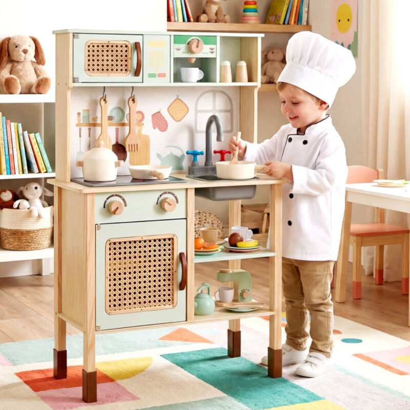 Kids Wooden Retro Play Kitchen Set with Lights Sounds and Accessories-Green image number 4