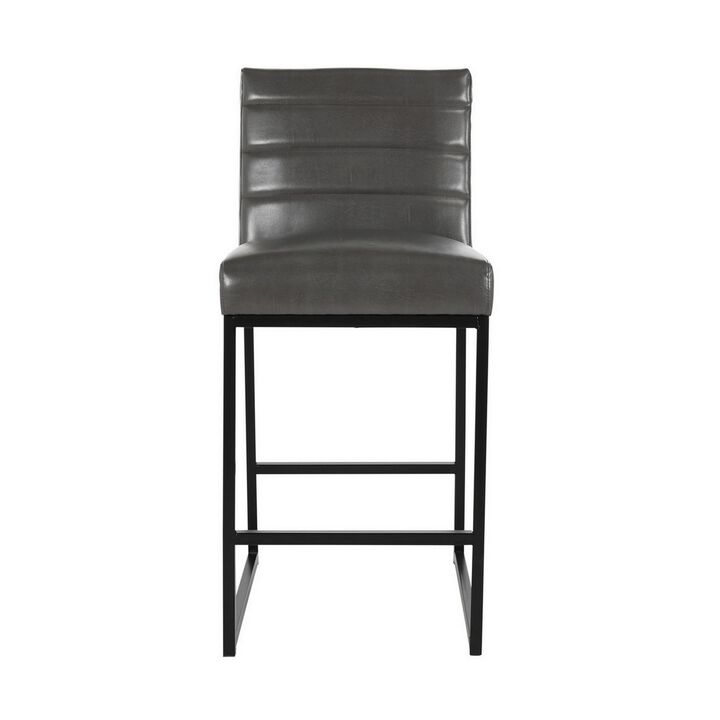 Vinn 26 Inch Modern Counter Stool, Channel Tufted, Vegan Faux Leather, Gray - Benzara