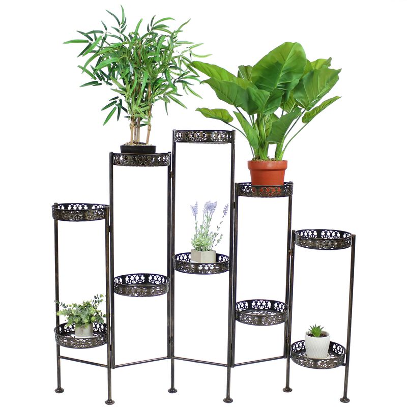 Sunnydaze Bronze Steel 10-Tier Staggered Folding Plant Stand - 46.5 in