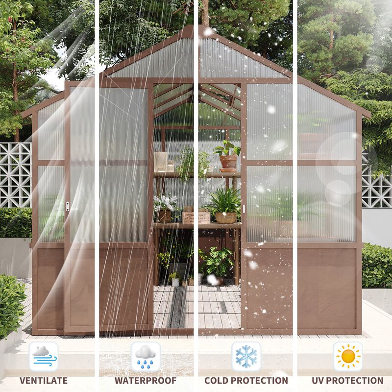 8x10 FT Greenhouse, Wooden Walk-in Greenhouse for Outdoors with Polycarbonate Panel and Adjustable Roof Vents image number 7