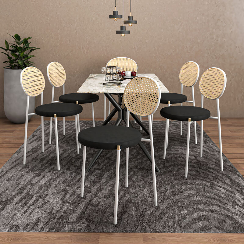 LeisureMod Velvet Dining Chair Rattan Back Side Chair Comfortable Kitchen Chair with Stainless Steel Base Euston Collection