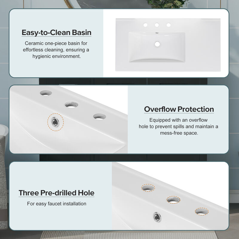 Merax Bathroom Vanity with Ceramic Sink  Freestanding Recessed  5 Drawers & 2 Soft-Close Doors Storage Cabinet Combo