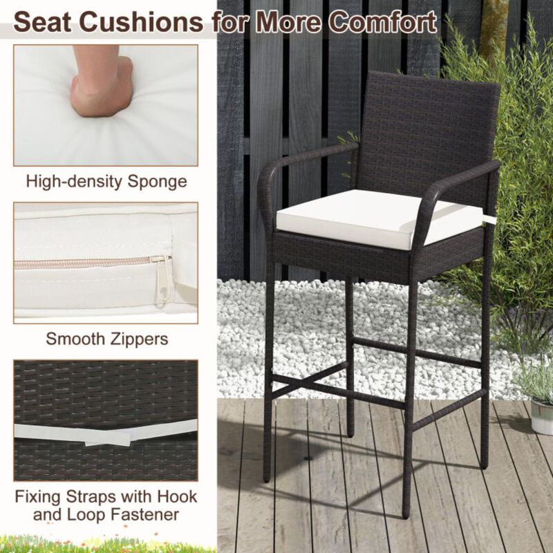 Hivvago Outdoor PE Rattan Cushioned Barstool Set with Armrests