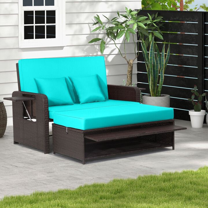 Mondawe Patio Rattan Daybed with 4-Level Adjustable Backrest and Retractable Side Tray