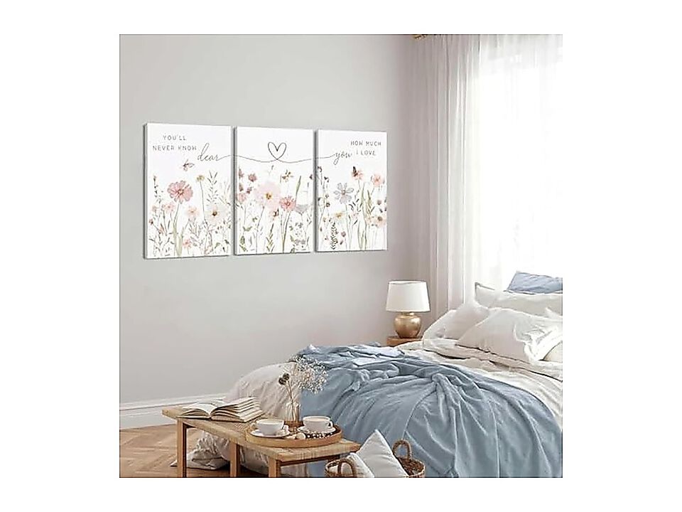 Rustic Floral Wall Art Set 3 Watercolor Wildflower Heart Line Inspirational Room