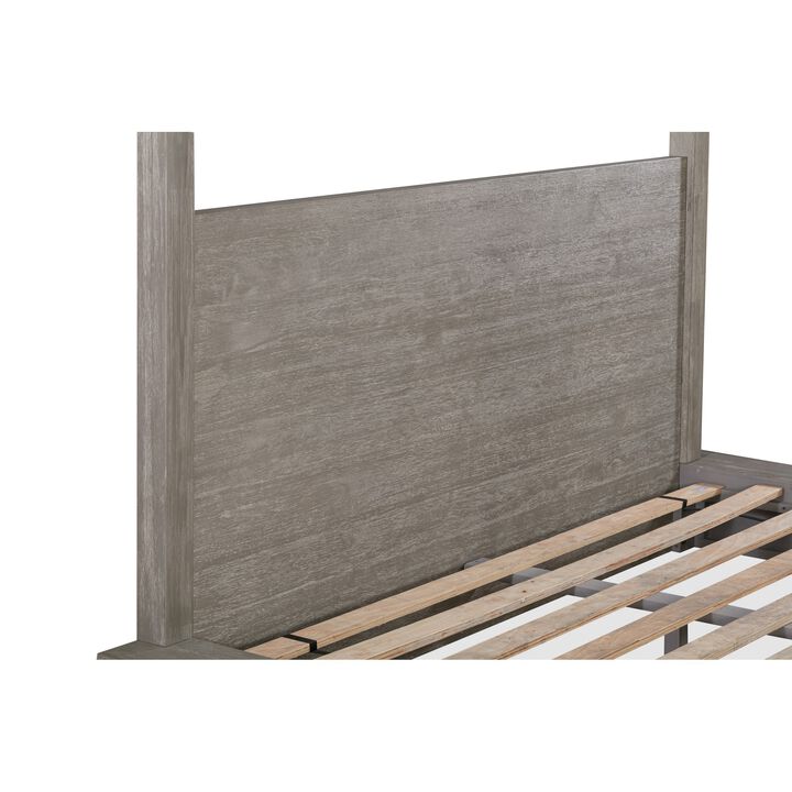 Nels California King Canopy Bed, Low Profile, Mitered Edges, Mineral Gray  - Benzara