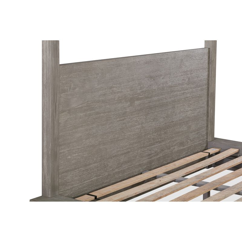 Nels California King Canopy Bed, Low Profile, Mitered Edges, Mineral Gray  - Benzara