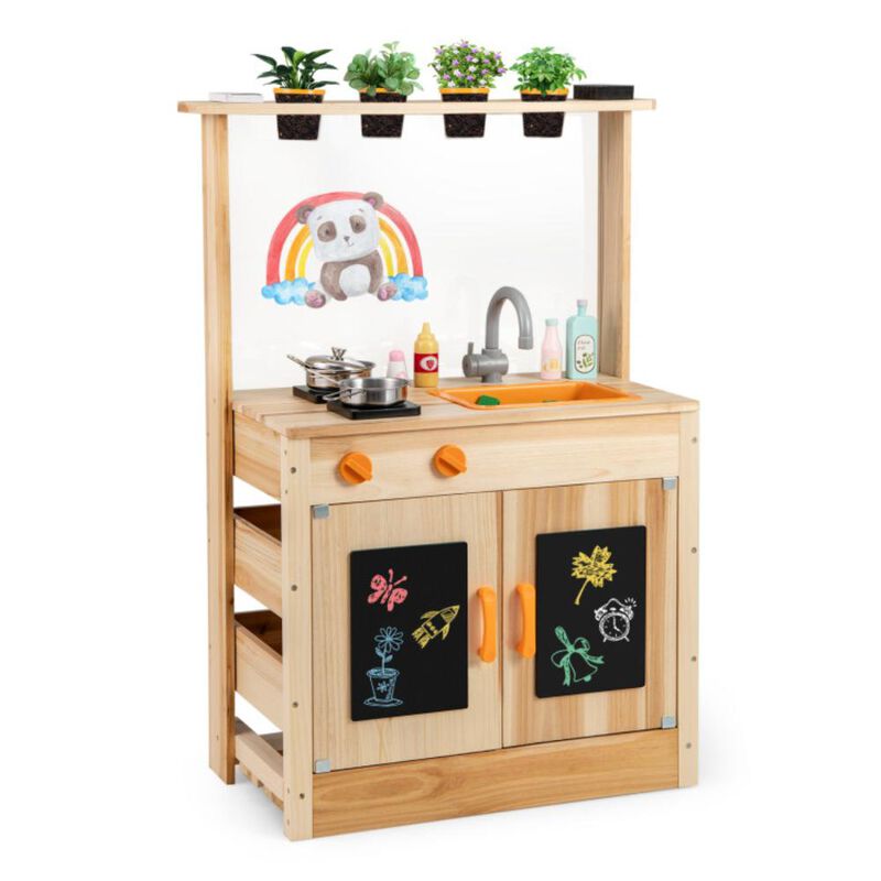 Hivvago Kids Mud Kitchen Fir Wood Playset with Planting Pots and Blackboards
