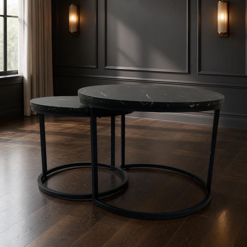 GOODSILO Round Nesting Coffee Table Set of 2, Space-Saving Stackable Side Tables with Marble Pattern Top and Sturdy Metal Frame for Living Room Bedroom Balcony image number 3
