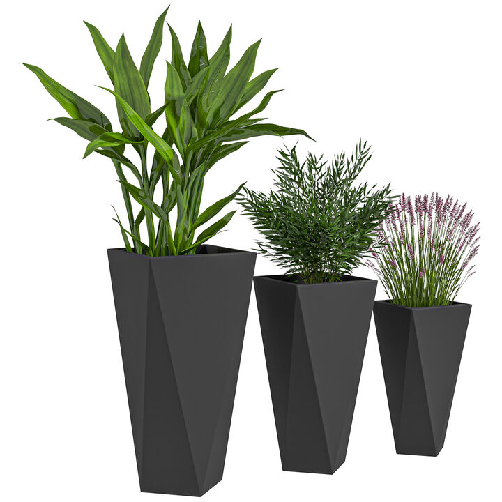 Outsunny 28.75", 24.5", 20.5" Tall Planters Set of 3, MgO Indoor Outdoor Planters with Drainage Holes, Stackable Flower Pots for Garden, Patio, Balcony, Front Door, Black